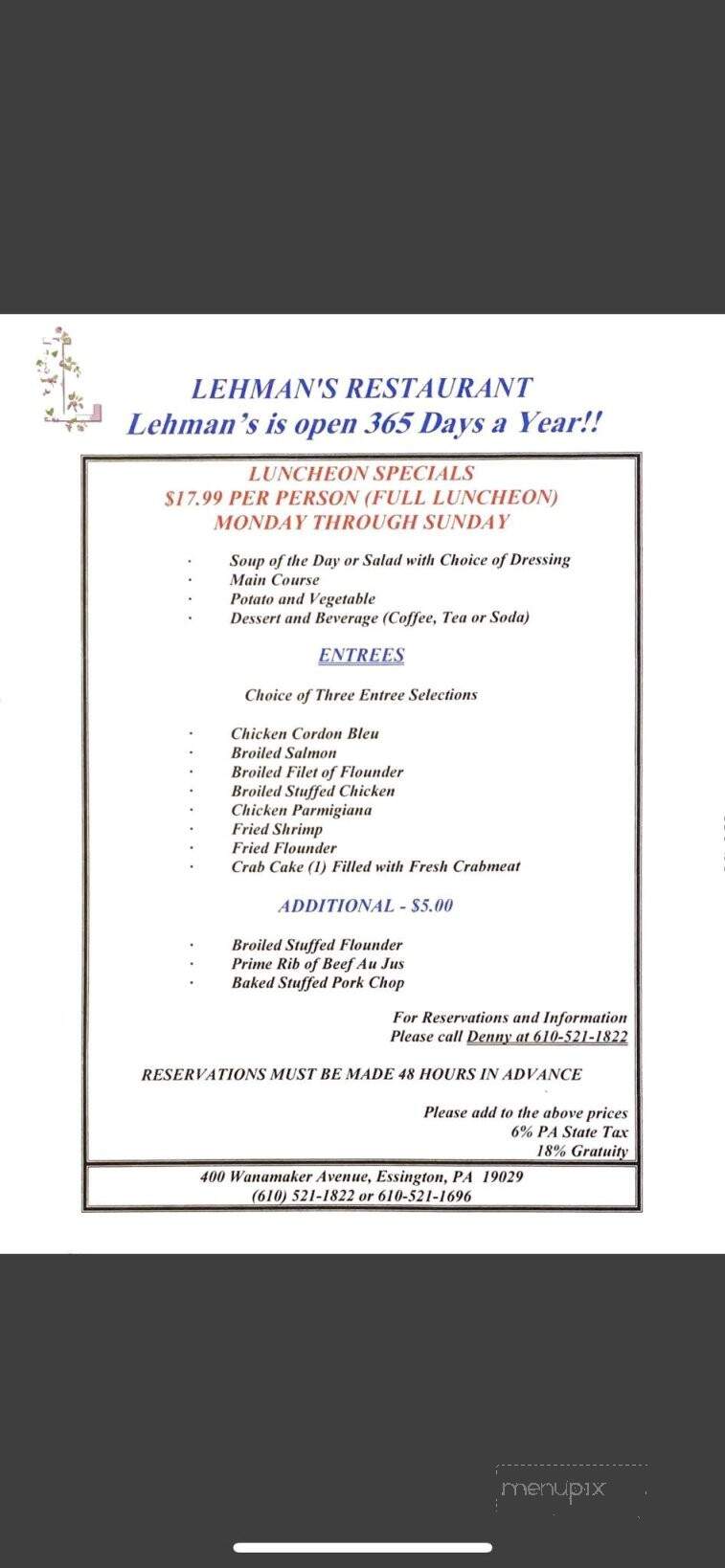 Lehman's Tavern - Essington, PA menu_pic