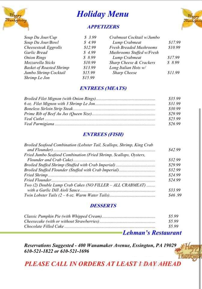 Lehman's Tavern - Essington, PA menu_pic