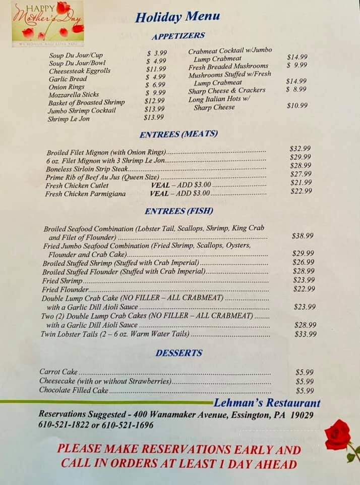 Lehman's Tavern - Essington, PA menu_pic