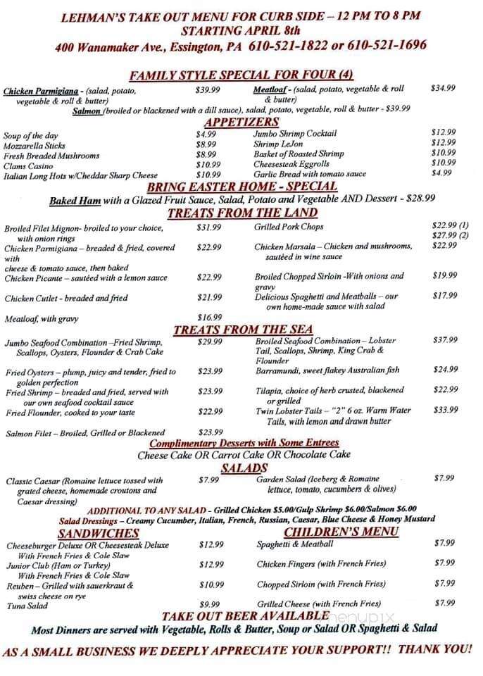 Lehman's Tavern - Essington, PA menu_pic