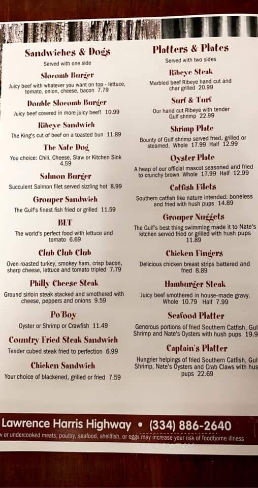 Nates Oyster Bar Grill - Slocomb, AL menu_pic