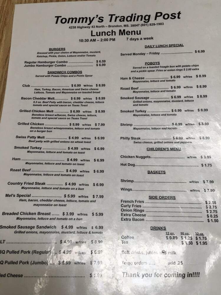 Tommy's Trading Post - Brandon, MS menu_pic