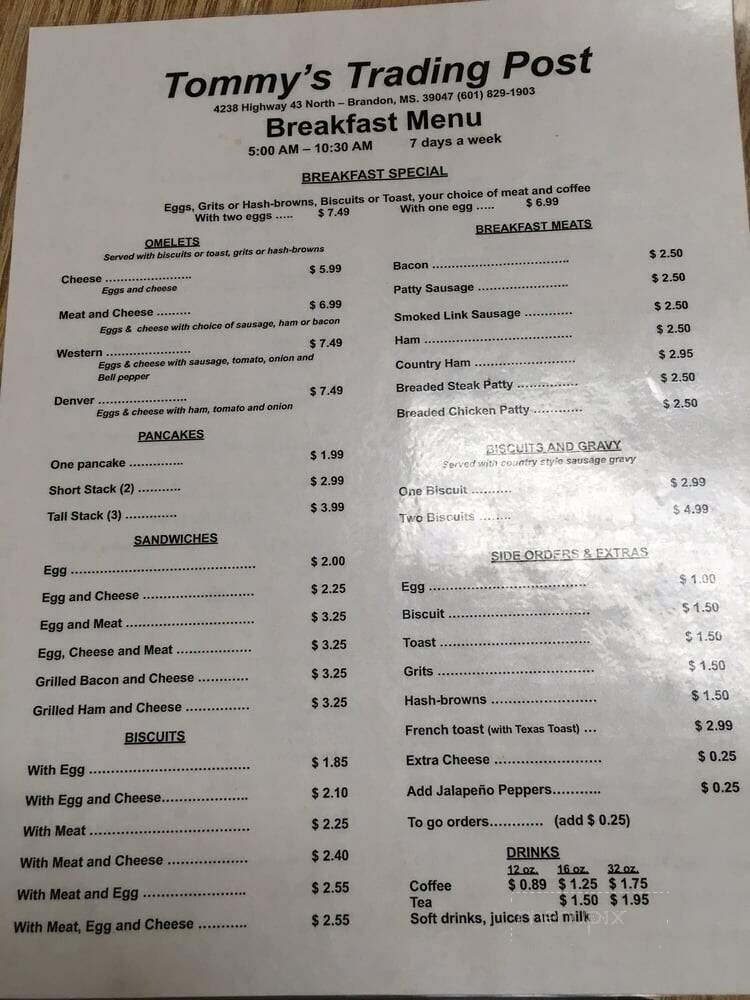Tommy's Trading Post - Brandon, MS menu_pic