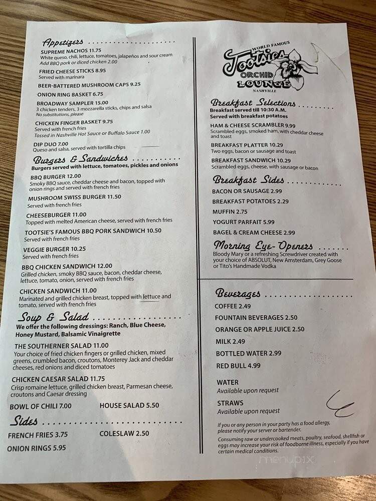 Tootsies Orchid Lounge - Nashville, TN menu_pic