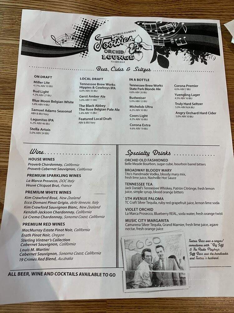 Tootsies Orchid Lounge - Nashville, TN menu_pic