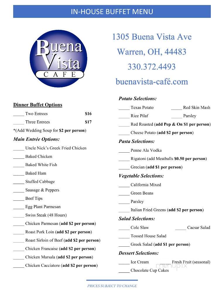 Buena Vista Cafe - Warren, OH menu_pic