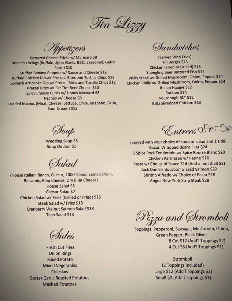 Tin Lizzy - Youngstown, PA menu_pic