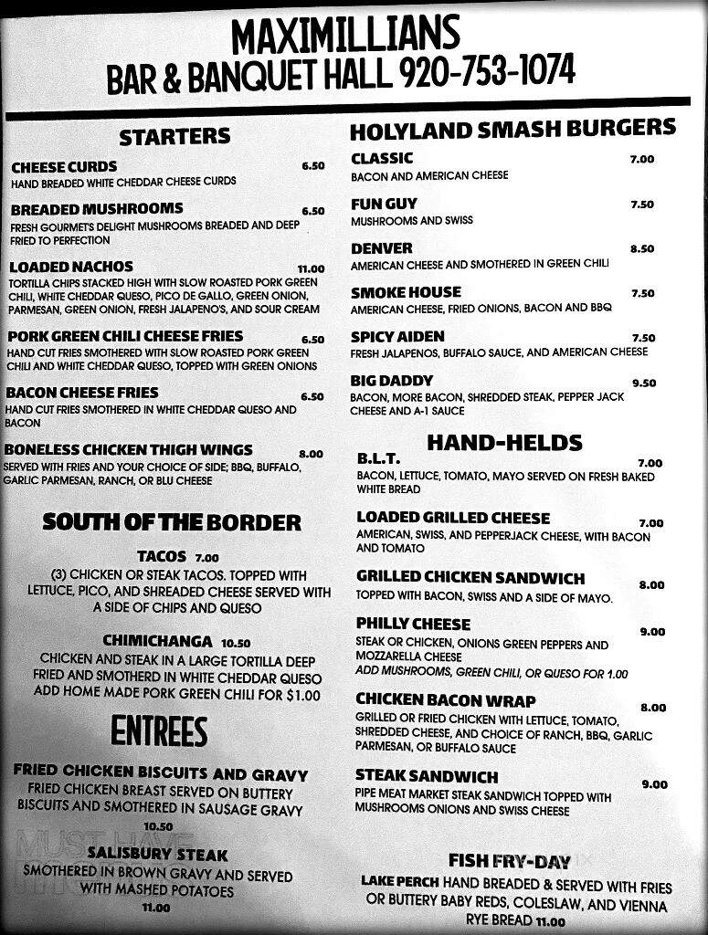 Maximillian's - Mount Calvary, WI menu_pic