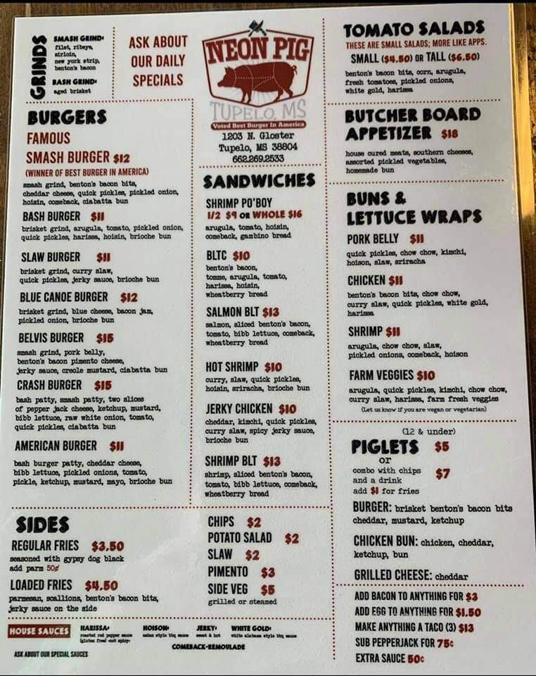 The Neon Pig Cafe and Grocery - Tupelo, MS menu_pic
