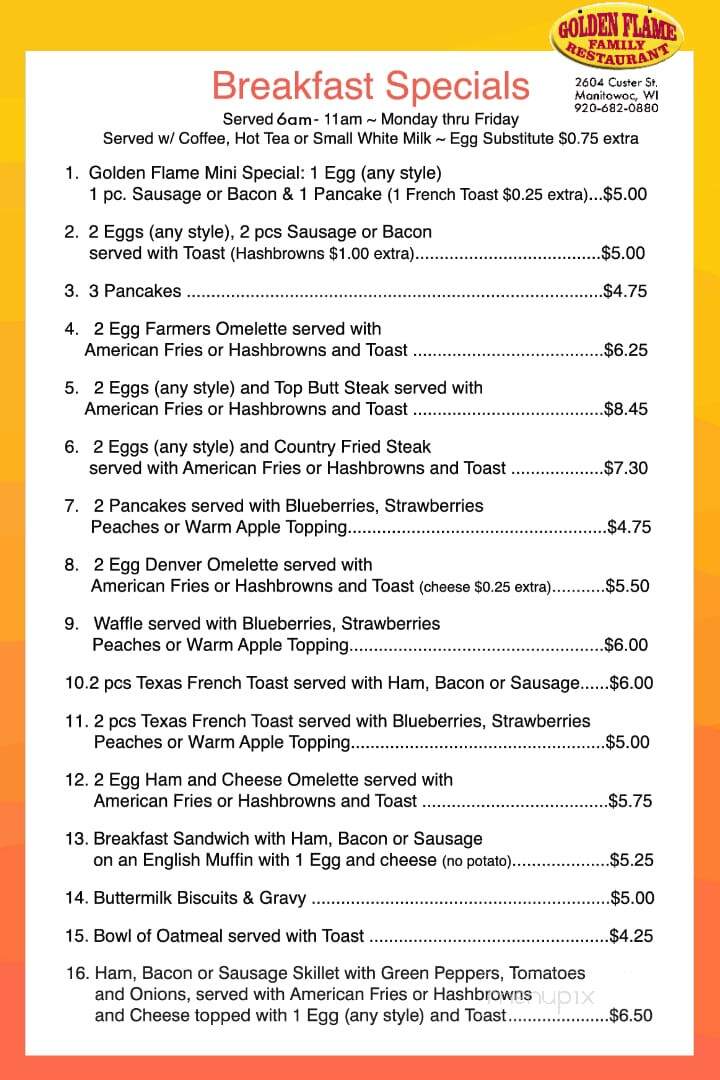 Golden Flame Family Restaurant - Manitowoc, WI menu_pic