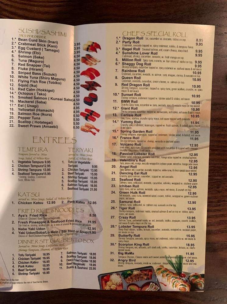 Aya Steakhouse - Carlisle, PA menu_pic