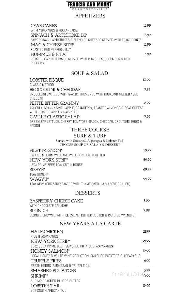 Francis & Mount - Crawfordsville, IN menu_pic