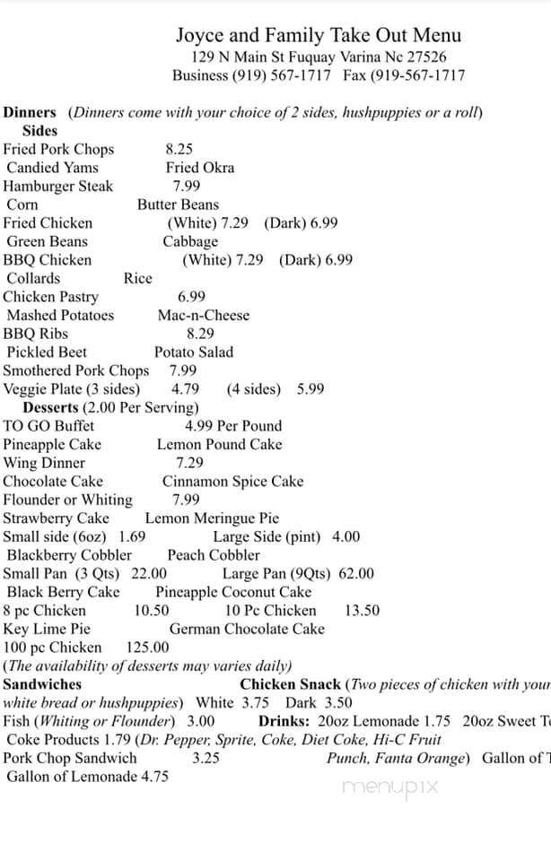 Joyce & Family Restaurant - Fuquay Varina, NC menu_pic