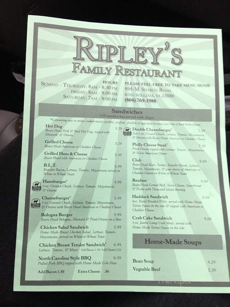 Ripley's Family Restaurant - Aylett, VA menu_pic