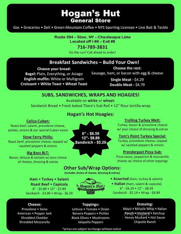 Hogan's Hut - Stow, NY menu_pic