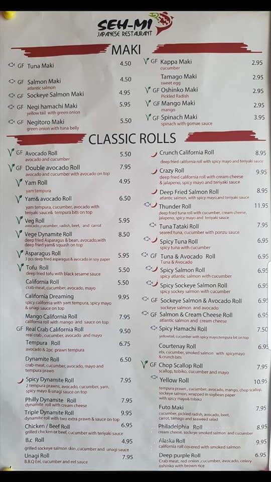 Sehmi Japanese Restaurant - Courtenay, BC menu_pic