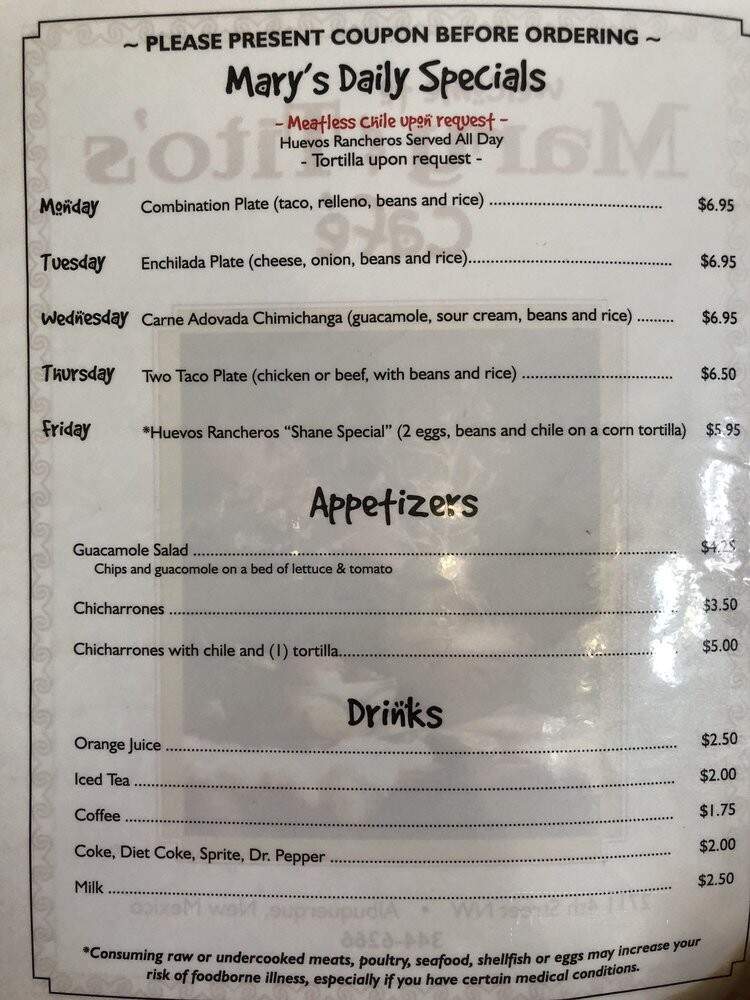 Mary's & Tito's Cafe - Albuquerque, NM menu_pic