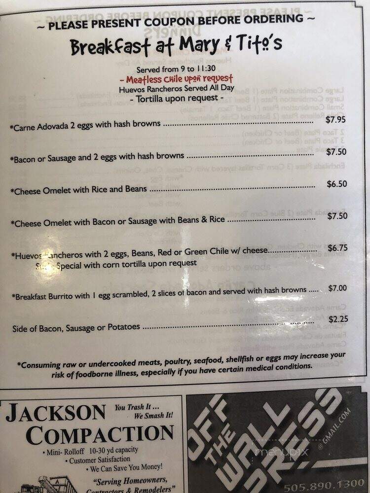 Mary's & Tito's Cafe - Albuquerque, NM menu_pic