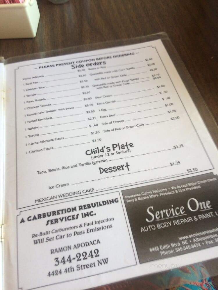 Mary's & Tito's Cafe - Albuquerque, NM menu_pic