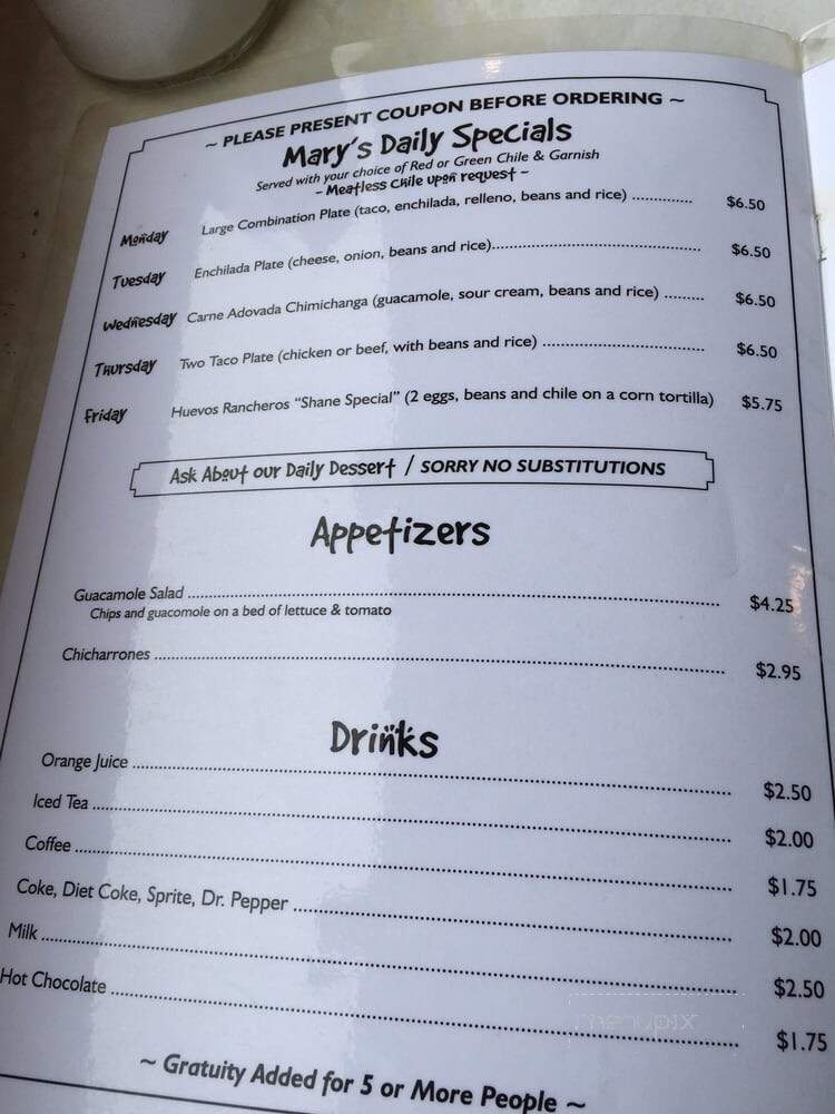 Mary's & Tito's Cafe - Albuquerque, NM menu_pic