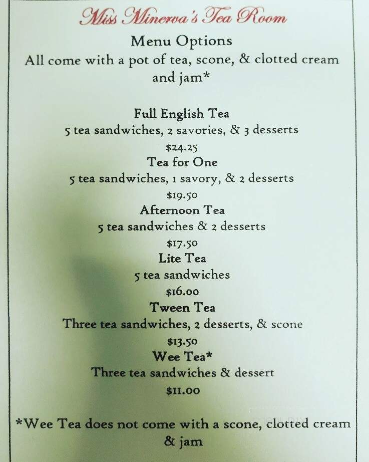 Miss Minerva's Tea Room Gifts - Culpeper, VA menu_pic