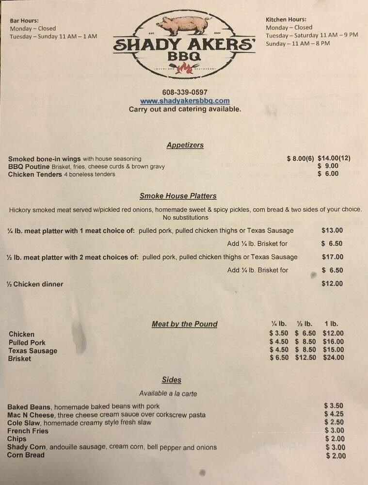 Shady Akers BBQ - Arkdale, WI menu_pic