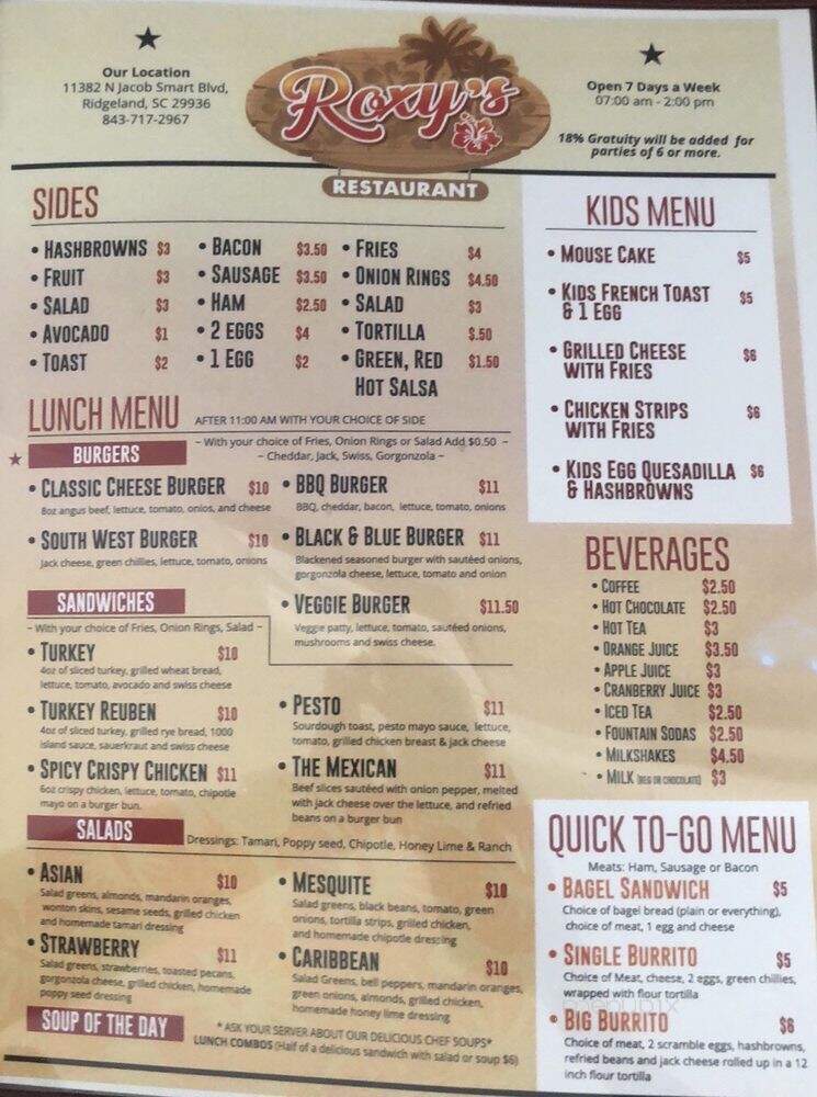 Roxy's Restaurant - Ridgeland, SC menu_pic