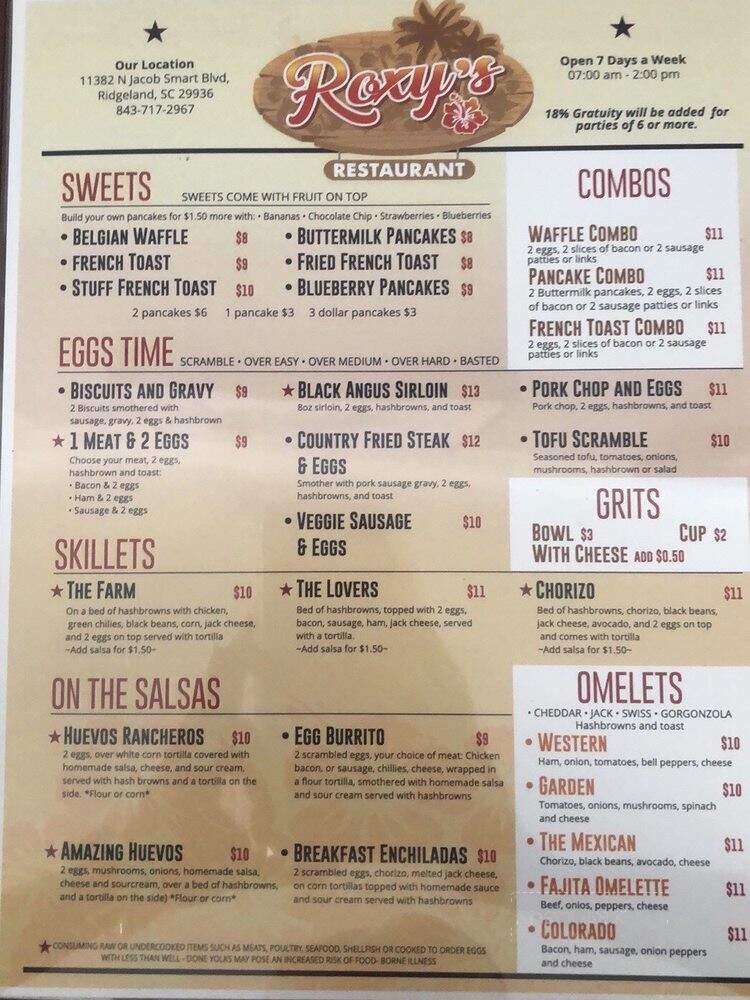 Roxy's Restaurant - Ridgeland, SC menu_pic