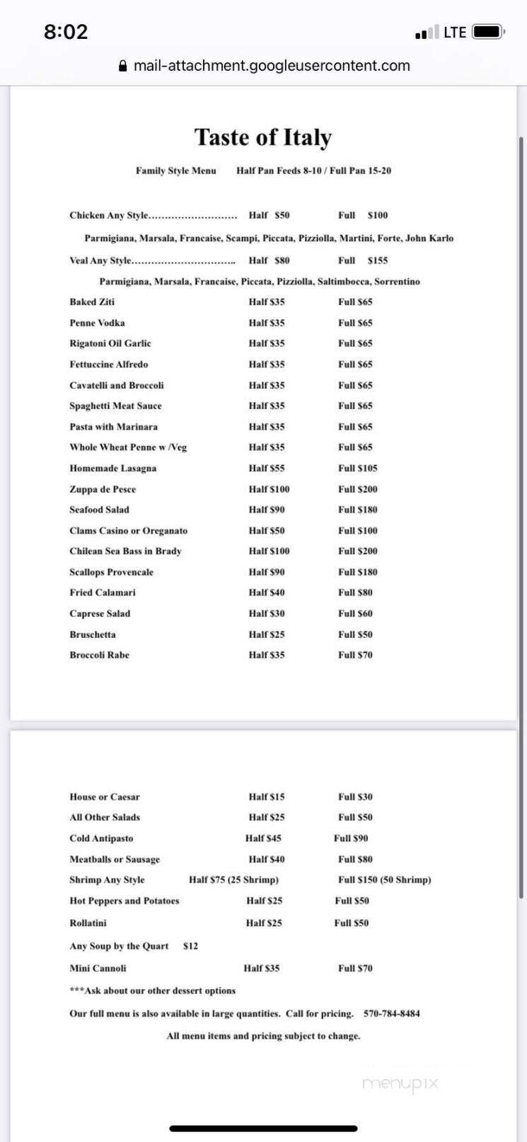 A Taste of Italy - Bloomsburg, PA menu_pic