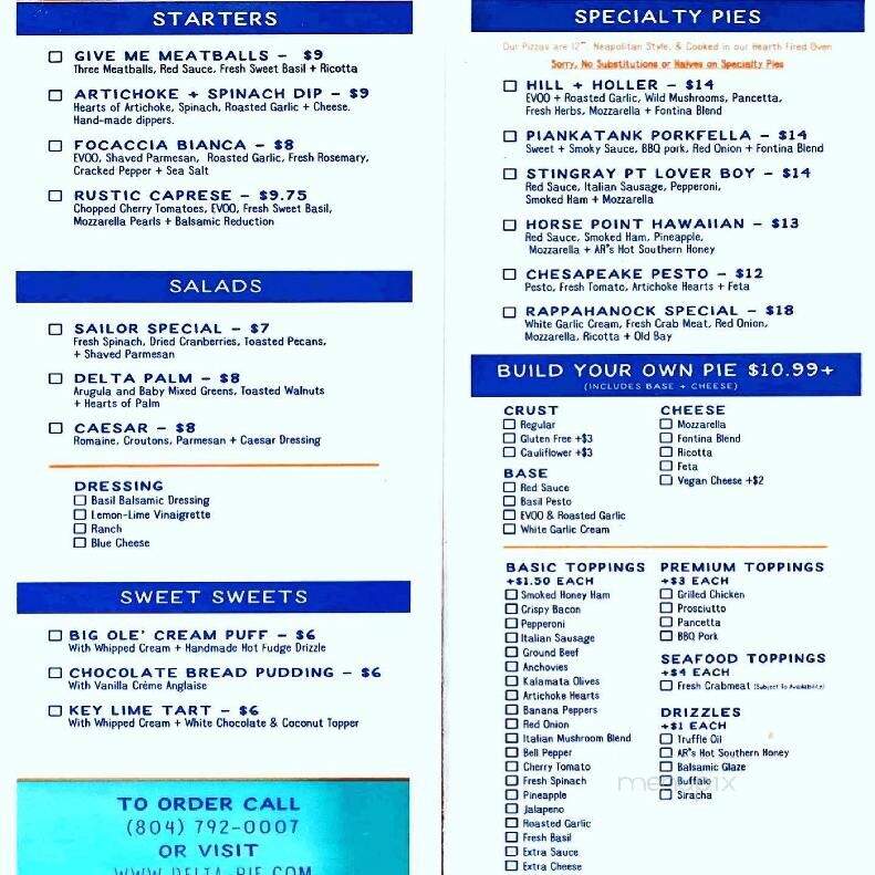 DeltaPie - Deltaville, VA menu_pic