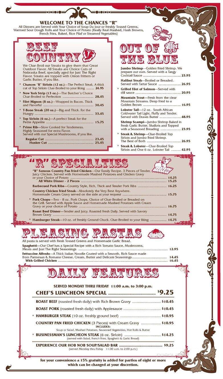 Chances 'R' Restaurant & Lounge - York, NE menu_pic