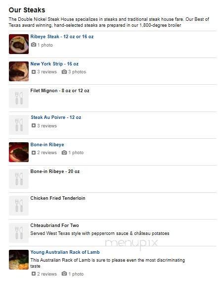 Double Nickel Steak House - Lubbock, TX menu_pic