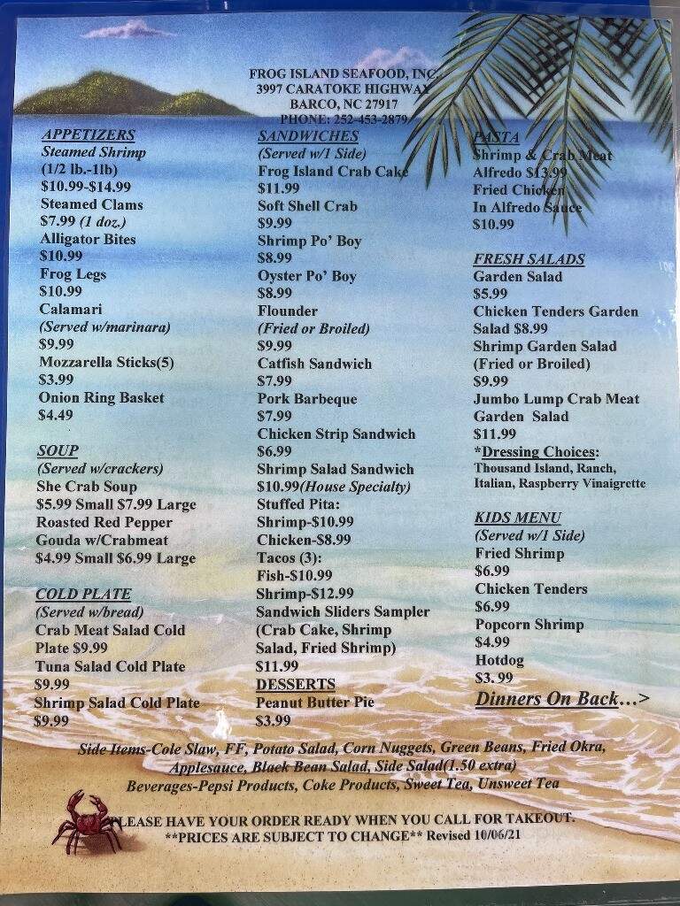Frog Island Seafood - Barco, NC menu_pic