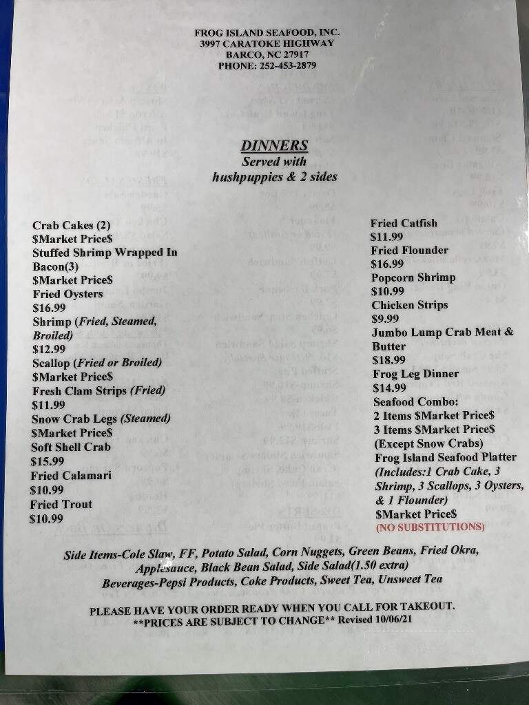 Frog Island Seafood - Barco, NC menu_pic