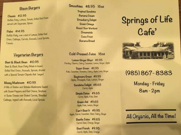 Springs of Life Cafe - Covington, LA menu_pic