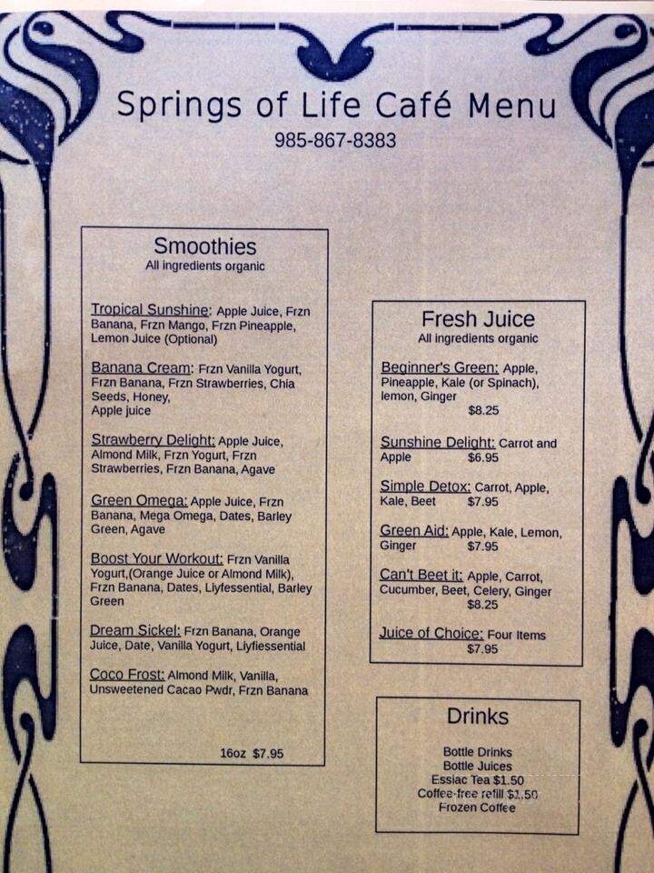 Springs of Life Cafe - Covington, LA menu_pic