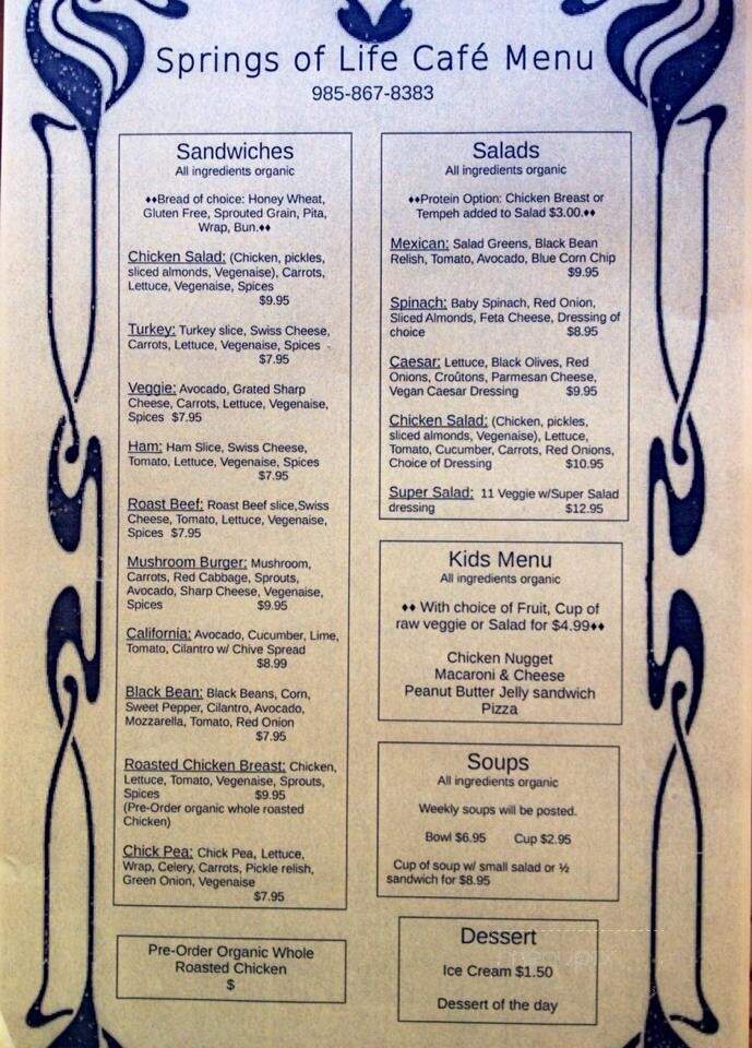 Springs of Life Cafe - Covington, LA menu_pic