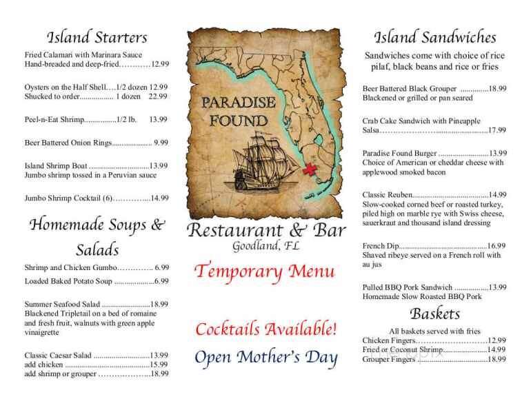 Paradise Found Restaurant and Bar - Goodland, FL menu_pic