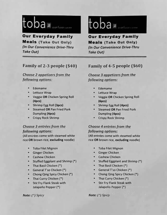 Toba Asian Fusion Cuisine - Middletown, DE menu_pic