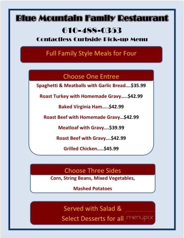 Blue Mountain Family Restaurant - Shartlesville, PA menu_pic