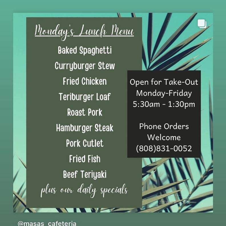Masa's Cafeteria - Honolulu, HI menu_pic