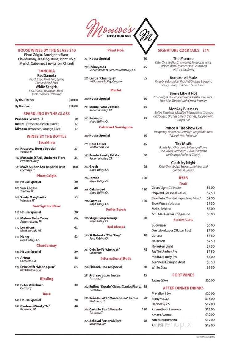 Monroe's - Westbury, NY menu_pic