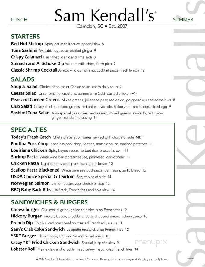 Sam Kendall's - Camden, SC menu_pic