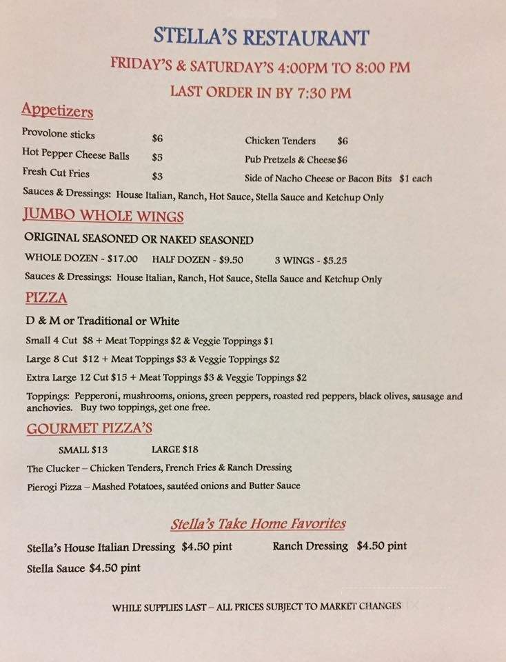 Stella's Restaurant - New Kensington, PA menu_pic