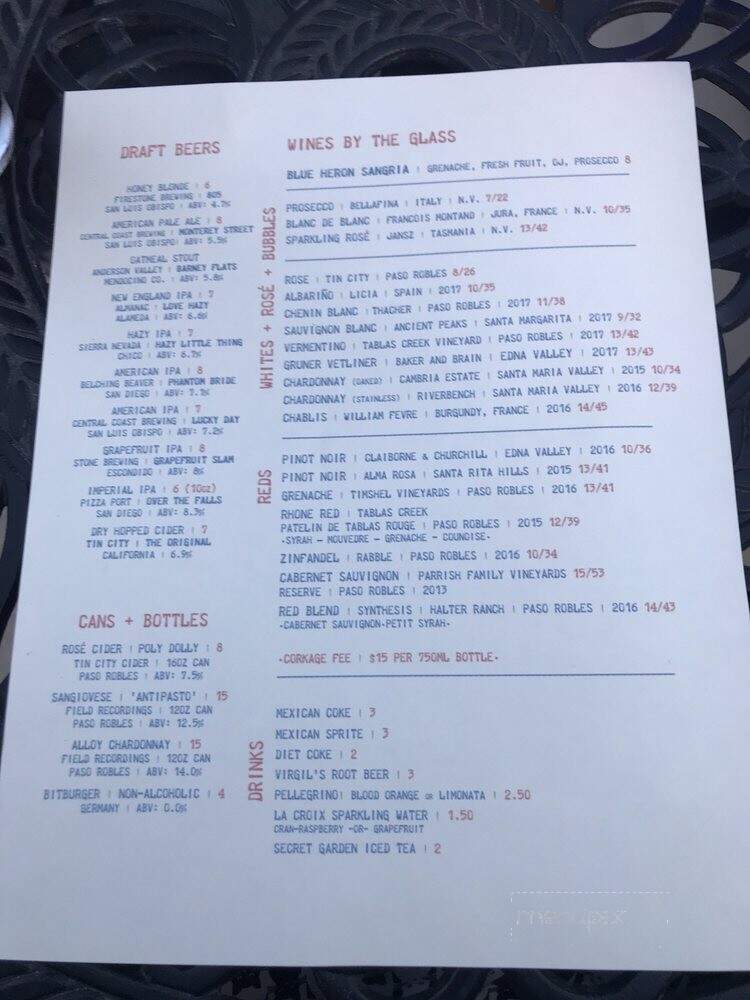 Blue Heron - Baywood-Los Osos, CA menu_pic
