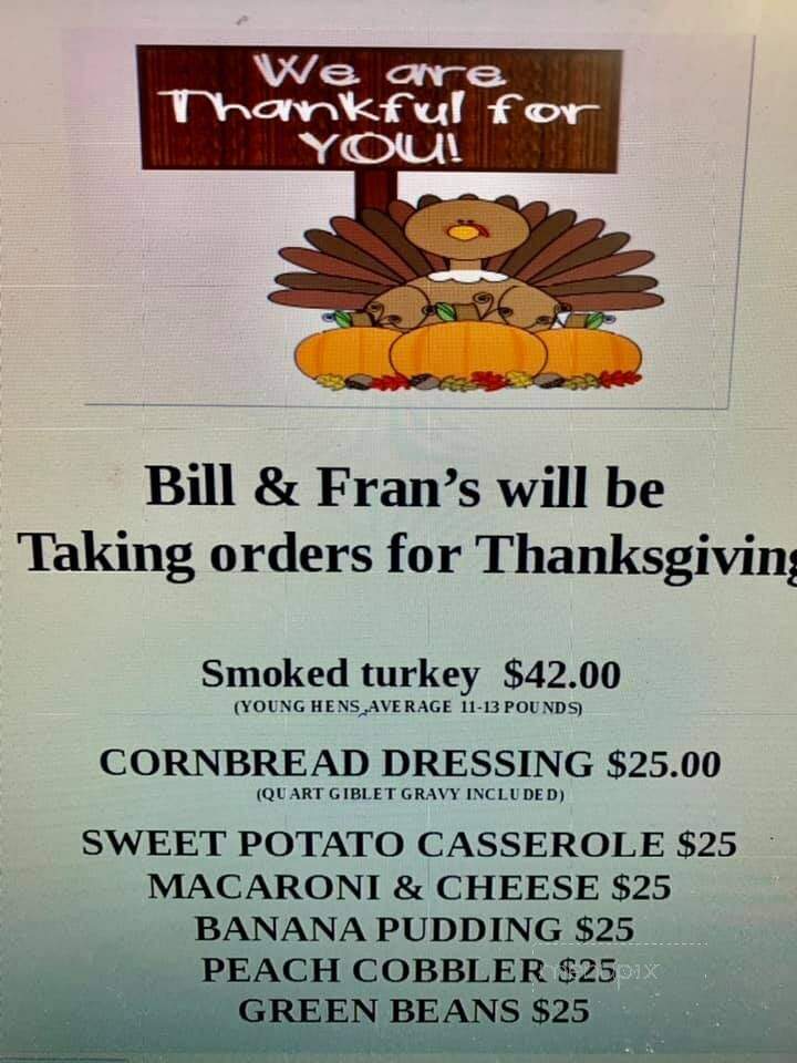Bill & Fran's Restaurant - Newberry, SC menu_pic