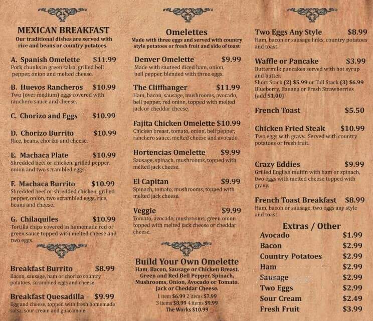 Hortencias at the Cliffhanger - Crestline, CA menu_pic