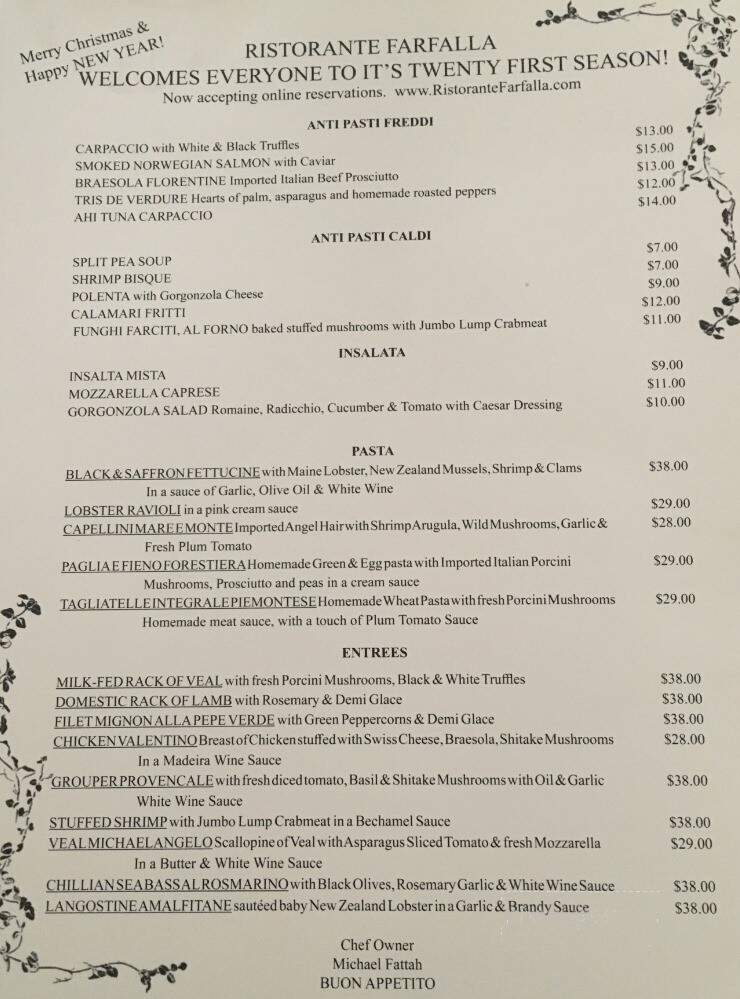 Ristorante Farfalla - Estero, FL menu_pic
