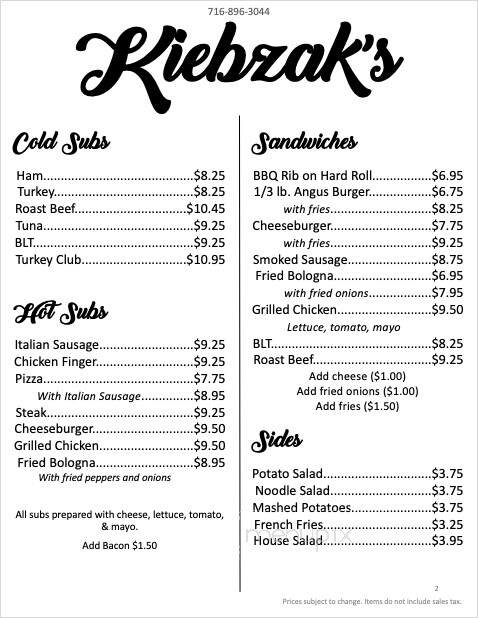 Kiebzak's Restaurant - Buffalo, NY menu_pic