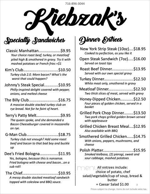 Kiebzak's Restaurant - Buffalo, NY menu_pic